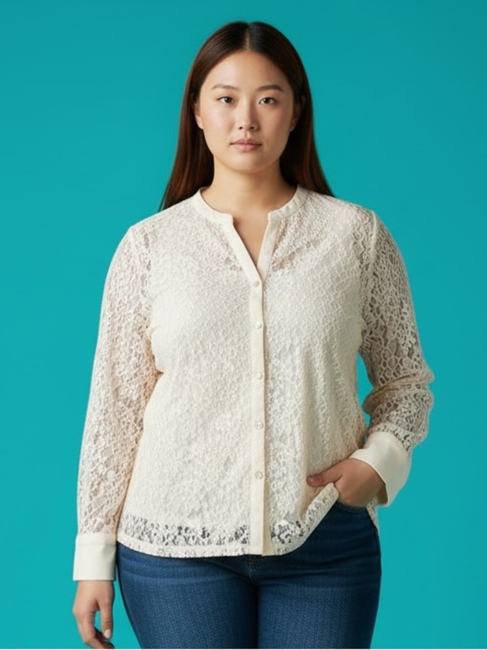Cable & Gauge Cream Lace Button-Front Cardigan